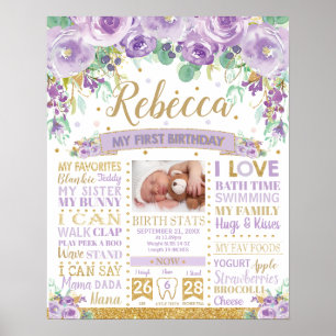 Póster Cumpleaños Morado Floral Estadísticas de Nacimient