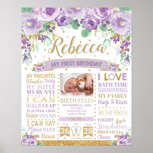 Póster Cumpleaños Morado Floral Estadísticas de Nacimient (Frente)