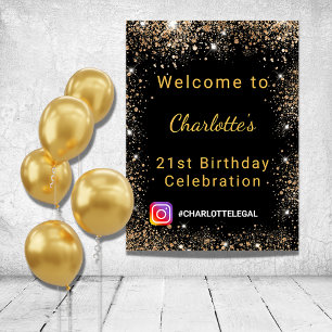 Póster Cumpleaños negro dorado brillo bienvenida en Insta