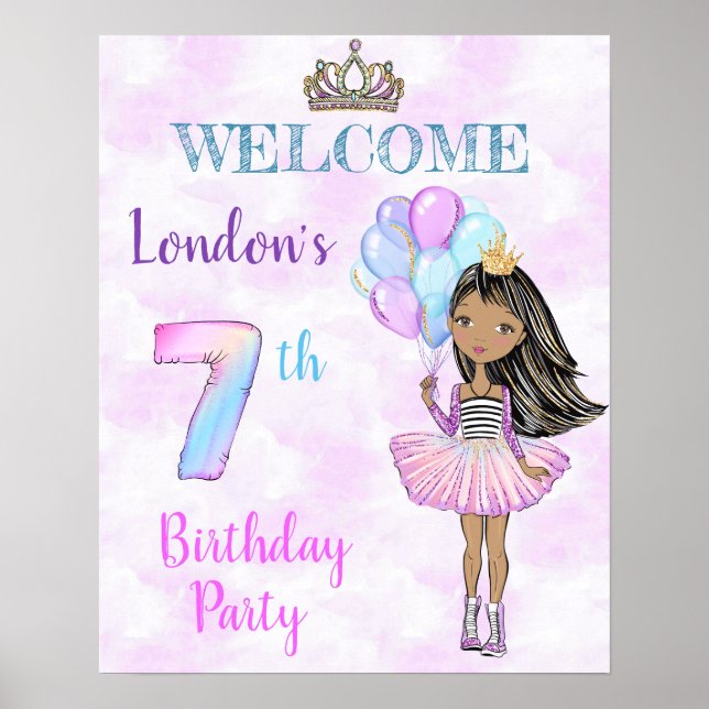 Póster Cumpleaños niña 7 Princesa Afroamericana (Frente)