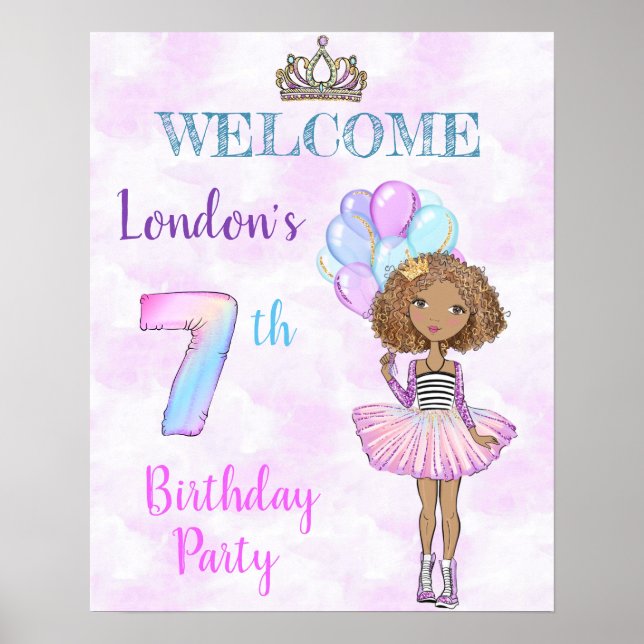 Póster Cumpleaños niña princesa afroamericana 7 años (Frente)