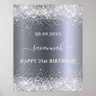 Póster Cumpleaños nombre brillo plateado bienvenida fiest