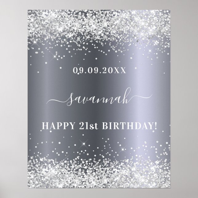 Póster Cumpleaños nombre brillo plateado bienvenida fiest (Frente)