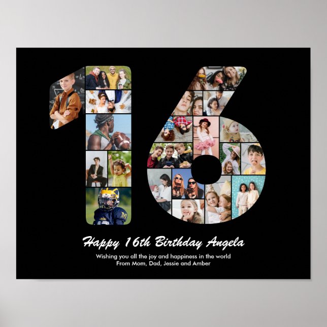 Póster Cumpleaños número 16, número 16, collage de fotos  (Frente)