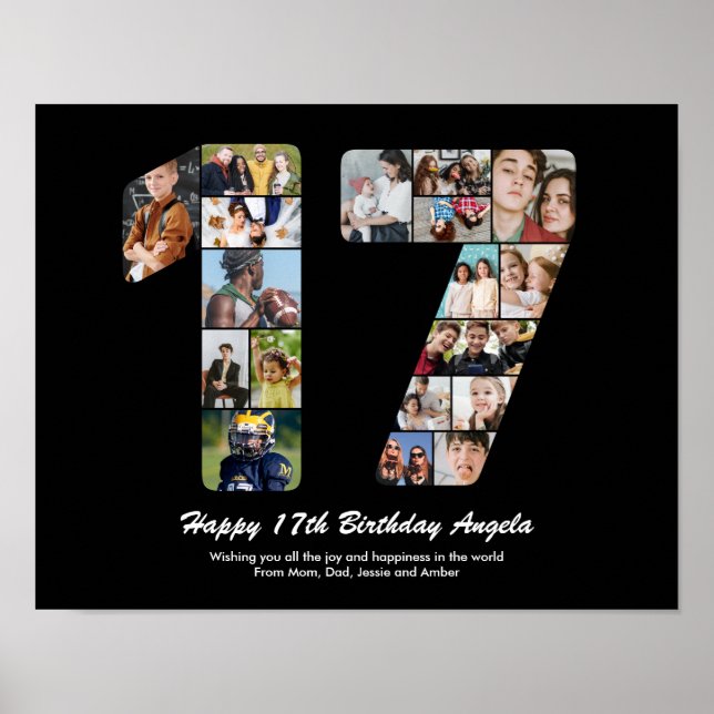 Póster Cumpleaños número 17, número 17, collage de fotos  (Frente)