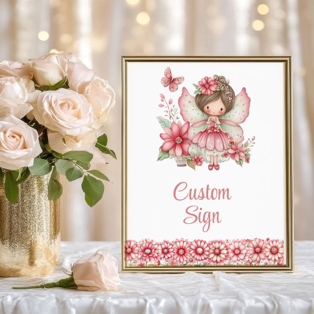 Póster Cumpleaños número 4 de Hada Caprichosa Floral Rosa (Pastel Pink Whimsical Fairy Floral 4th Birthday Custom Sign)