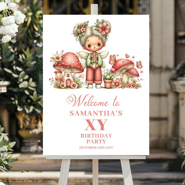 Póster Cumpleaños número 4 de Whimsy Fairy Flores Rosadas (Whimsy Fairy 4th Birthday Blush Flowers Welcome Poster)