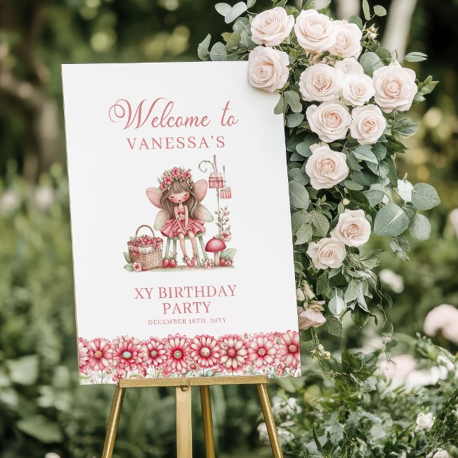 Póster Cumpleaños número 5 de bienvenida Hada linda flora (Cute Fairy Floral Pink Whimsy 5th Birthday Welcome Sign)