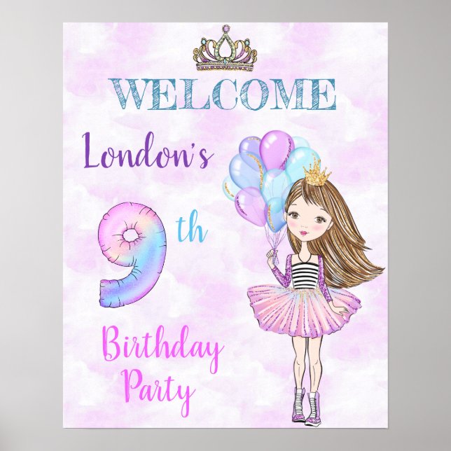 Póster Cumpleaños número 9 de la princesa lavanda turques (Frente)