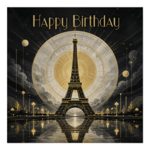 Póster Cumpleaños París Torre Eiffel Deco Dorado