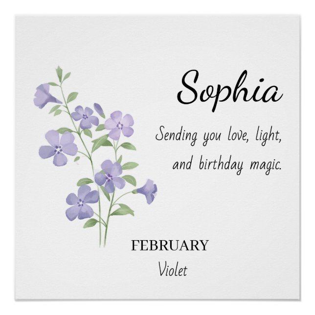 Póster Cumpleaños Personalizado Violeta de Febrero (Anverso)