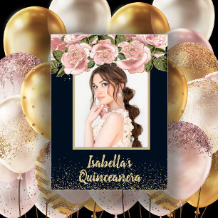 Póster Cumpleaños Quinceañera Foto Floral Rosa Dorado Neg