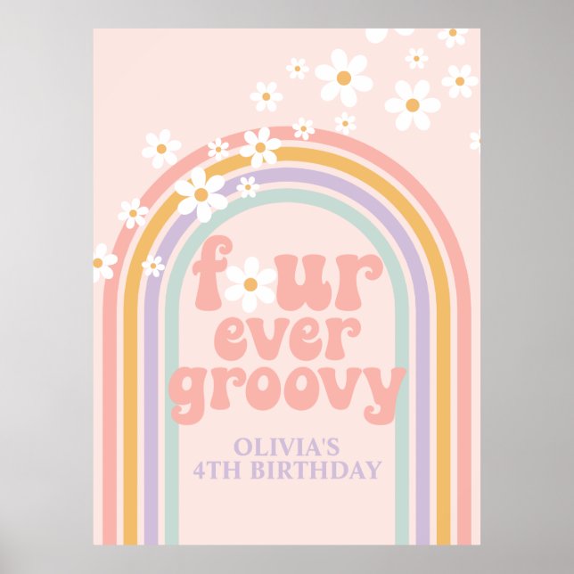 Póster Cumpleaños Retro Arcoíris Pastel Groovy Para Siemp (Frente)