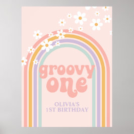 Póster Cumpleaños Retro Groovy Pastel Arcoíris Uno 1