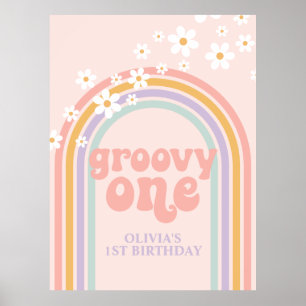 Póster Cumpleaños Retro Groovy Pastel Arcoíris Uno 1