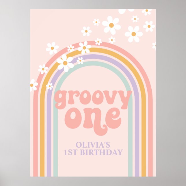 Póster Cumpleaños Retro Groovy Pastel Arcoíris Uno 1 (Frente)