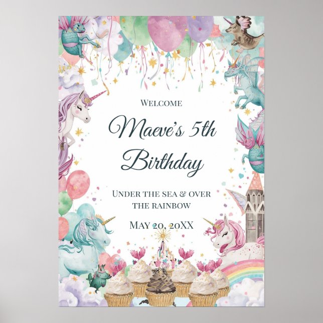 Póster Cumpleaños Sirena Unicornio Arcoíris Acuarela (Frente)