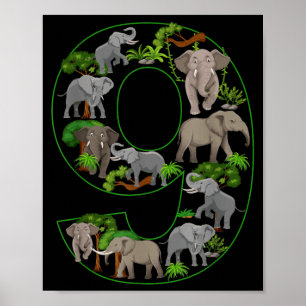 Póster Cumpleaños Temático de 9 Años de Elefante para Niñ