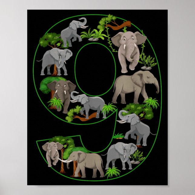 Póster Cumpleaños Temático de 9 Años de Elefante para Niñ (Frente)