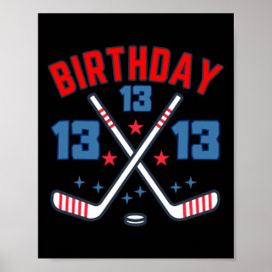 Póster Cumpleaños Trece Niño Hockey Hielo 13º Fiesta Chic