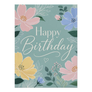 Póster Cumpleaños Verde Salvia Flor Silvestre Acuarela