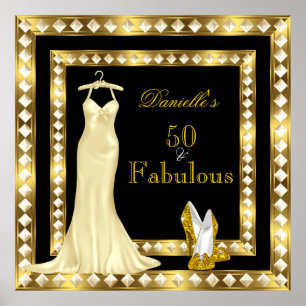 Póster Cumpleaños Vestido de Tacón Alto Dorado Neg
