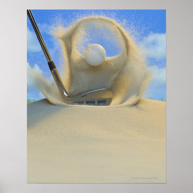 Póster cuña de arena que golpea una pelota de golf en la  (Frente)