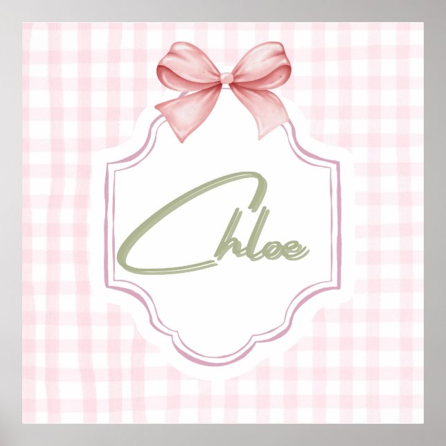 Póster Cuna personalizada para niña Chloe con lazo y ging (Frente)