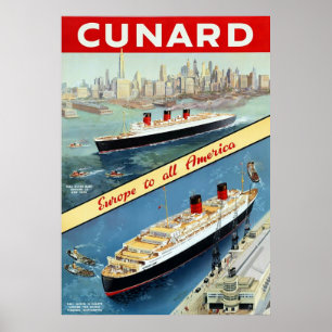 Póster Cunard ~ Europa A Todos Los Estados Unidos ~ Viaje