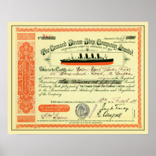 Póster Cunard Steam-Ship Company 1909 Stock Certificate
