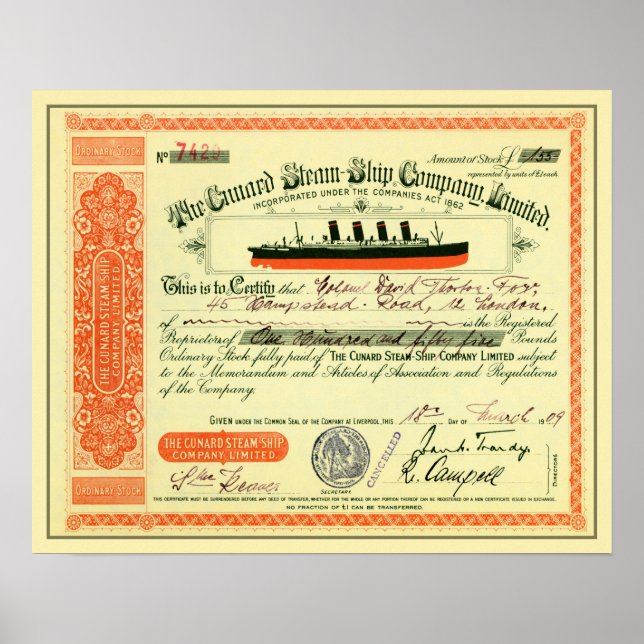Póster Cunard Steam-Ship Company 1909 Stock Certificate (Frente)