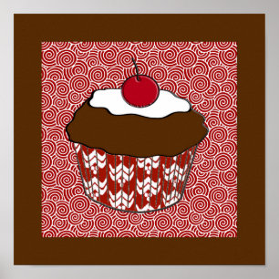 Póster Cupcake de chocolate sobre patrón rojo y blanco