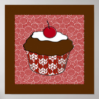 Póster Cupcake de chocolate sobre patrón rojo y blanco