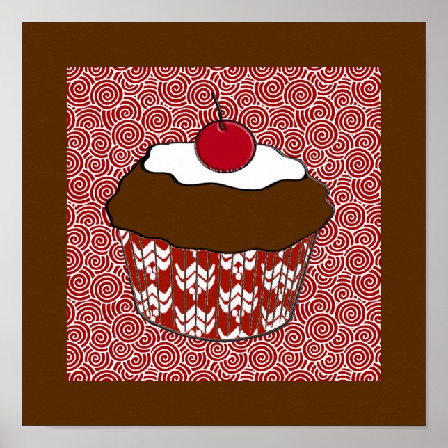 Póster Cupcake de chocolate sobre patrón rojo y blanco (Frente)