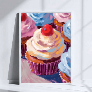 Póster Cupcakes de Cereza Feliz Cumpleaños Pintura