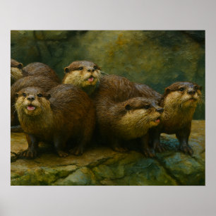 Póster Curiosa compañía - Otter Family on the Rocks