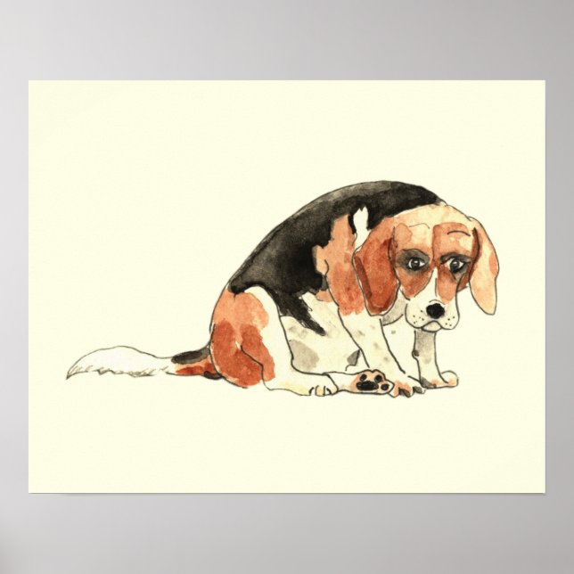 Póster Curiosa Cute Triste Beagle Dog Pintado de acuarela (Frente)