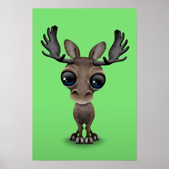 Póster Curioso alce con ojos grandes en verde (Frente)