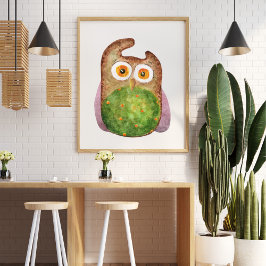 Póster Curioso búho color agua verde marrón