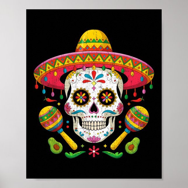 Póster Curioso cráneo Cinco De Mayo Funny con Gorra Sombr (Frente)