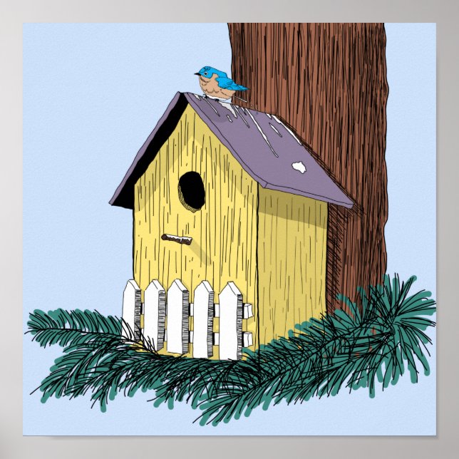 Póster Curioso pájaro azul en Birdhouse (Frente)