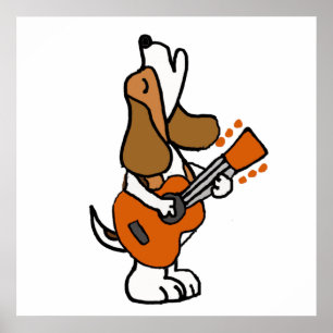 Póster Curioso perro beagle cantando y tocando guitarra
