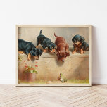 Póster Curious Dachshund Puppies | Carl Reichert<br><div class="desc">Curious dachshund puppies and a frog | Carl Reichert’s charming painting Curious Dachshund Puppies and a Frog captures a playful moment, where four adorable dachshund puppies curiously gather around a small frog. The detailed depiction of the puppies’ expressive faces and lively postures, paired with the serene natural setting, creates a...</div>