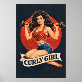 Póster Curly Girl Weightlifting Hair Pin-Up Retro Gym Art
