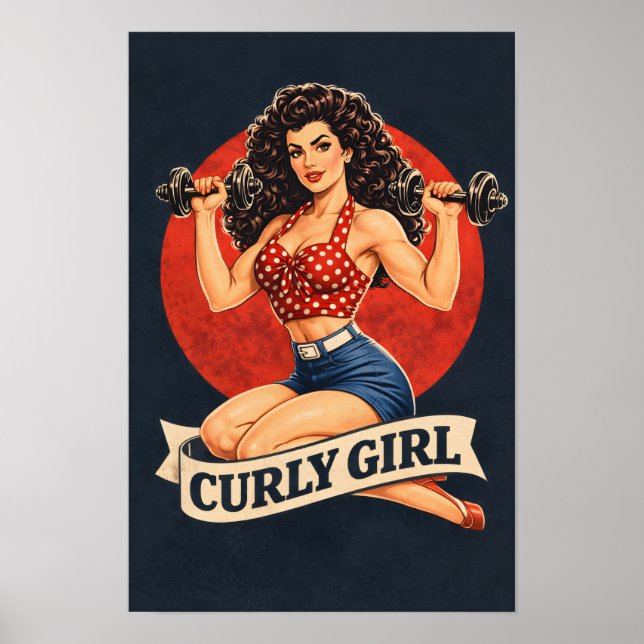 Póster Curly Girl Weightlifting Hair Pin-Up Retro Gym Art (Frente)