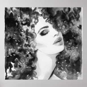 Póster Curly Grace: belleza de acuarela de moda