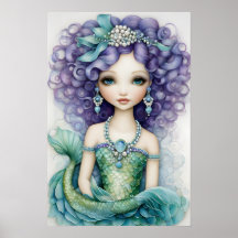 Curly Haired Chica Poster de sirena verde