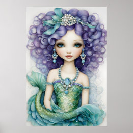 Póster Curly Haired Chica Poster de sirena verde