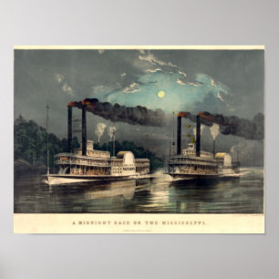 Póster Currier & Ives, 1890, Una carrera en barco de vapo