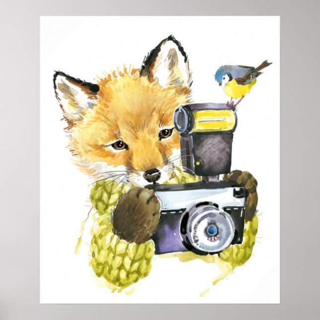 Póster Curte Watercolor Fox Tomando fotos (Frente)